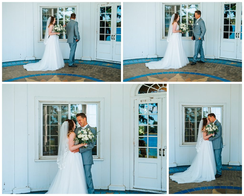 Bride and Groom having their first look on a porch at Waldenwoods.