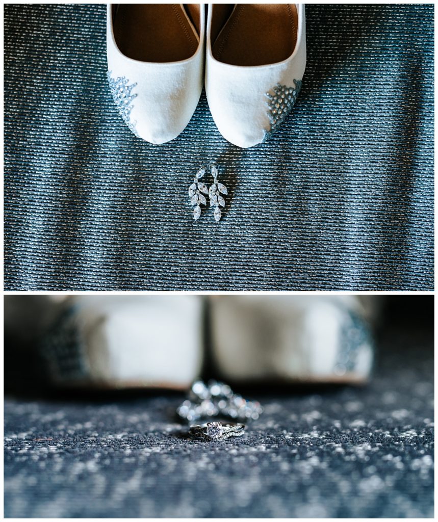 Detail shots of rings and Brides' shoes.