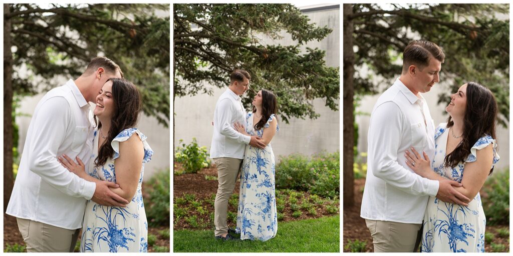 Couple holding onto each other during photos in Downtown Holland.