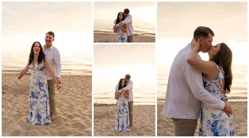 Couple on the beach embracing each other with hugs, kisses and arms around each other during their beach engagement session on Lake Michigan.