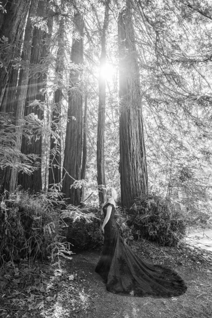 Woman standing in a black wedding dress in the forest.