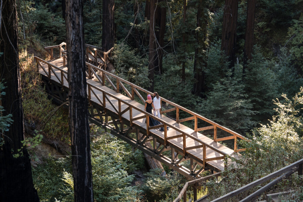 Bride and Groom on a large bridge in Pfeiffer State Park wedding photos.